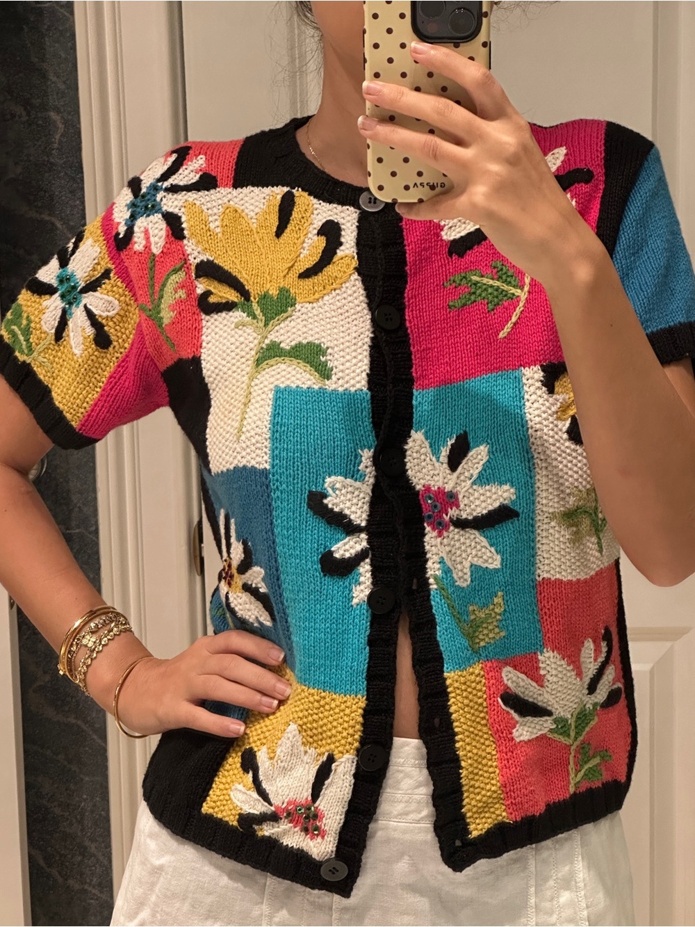 Colorblock Floral Knit Cardigan Sweater - Multicolor